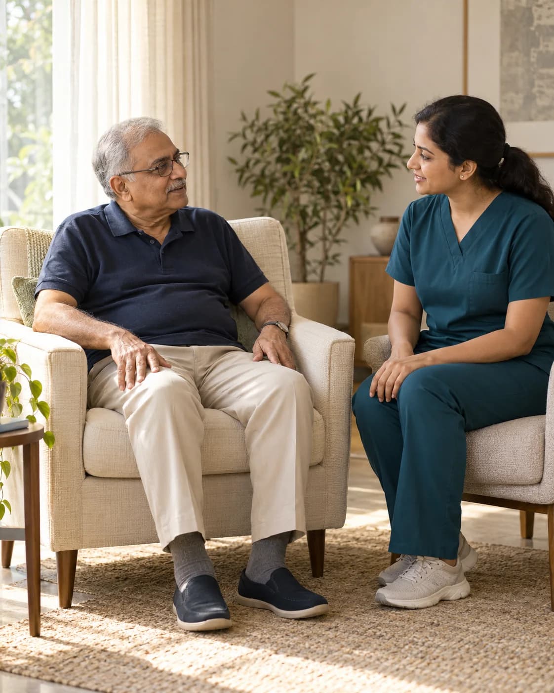 An older adult and a physiotherapist talking in a calm home setting