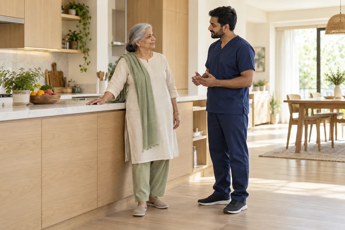 An older adult and a physiotherapist discussing everyday movement at home